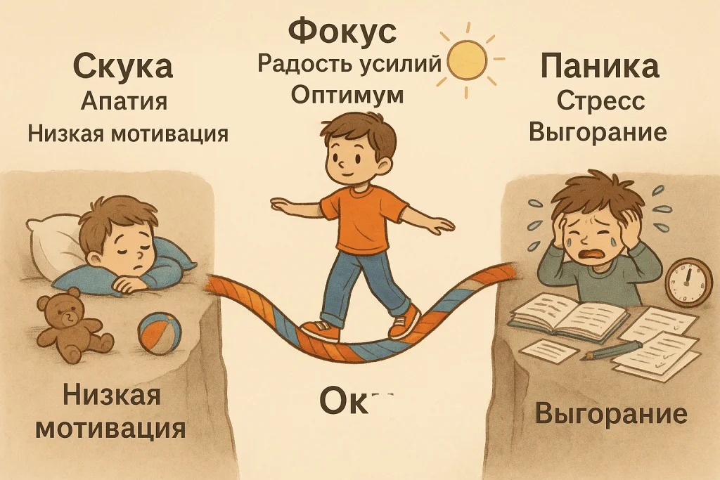 Закон Йеркса-Додсона: Ребенок балансирует на перевернутой U-кривой между скукой и стрессом, ища оптимальную мотивацию для учебы и развития