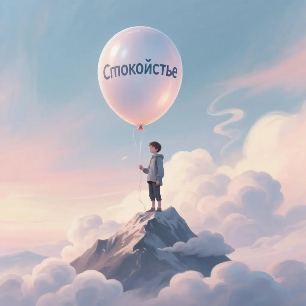 Подросток преодолевает тревогу: стоит на горе из облаков с воздушным шаром 'Спокойствие'