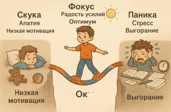 Закон Йеркса-Додсона: Ребенок балансирует на перевернутой U-кривой между скукой и стрессом, ища оптимальную мотивацию для учебы и развития