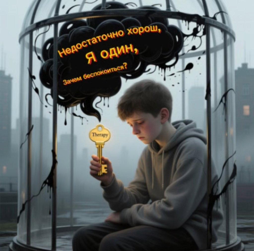 Подросток сидит в клетке из навязчивых мыслей, держа в руках ключ — символ терапии