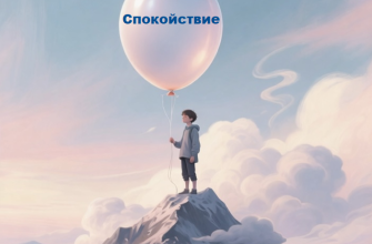 Подросток преодолевает тревогу: стоит на горе из облаков с воздушным шаром 'Спокойствие'