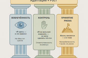 Инфографика “Три кита резильентности у подростков”: вовлечённость (я здесь — и это важно), контроль (я отвечаю за свои реакции), принятие риска (неопределённость = вызов, не угроза). Как поддержать подростка в стрессе — практические советы
