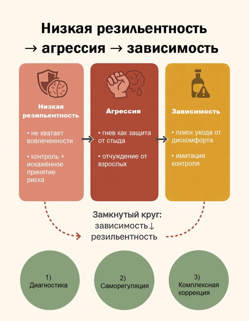 Инфографика: как низкая резильентность приводит к агрессии, а затем к зависимости. Замкнутый круг и пути выхода — диагностика, саморегуляция, комплексная коррекция