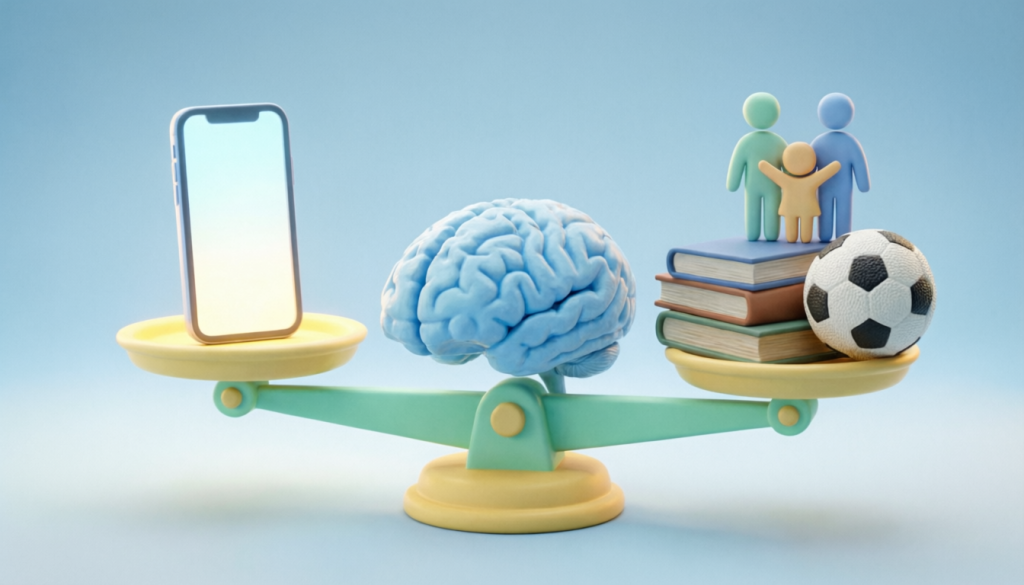 Цифровая гигиена для детей: поиск баланса между технологиями и офлайн-жизнью 3D-иллюстрация: весы с мозгом в центре, на одной чаше смартфон, на другой семья, книги и футбольный мяч — символ баланса между гаджетами и реальной жизнью