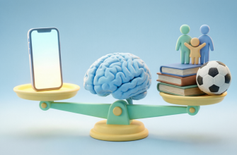 📱 Цифровая гигиена для детей: как договориться с подростком о гаджетах без скандалов 1 3D-иллюстрация: весы с мозгом в центре, на одной чаше смартфон, на другой семья, книги и футбольный мяч — символ баланса между гаджетами и реальной жизнью