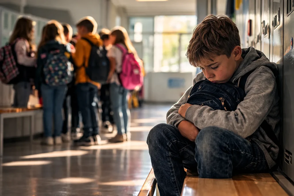 Моббинг в школе: отличие от буллинга и защита ребенка 4 Ребенок в стороне от смеющихся одноклассников – визуализация моббинга и бойкота в школе.