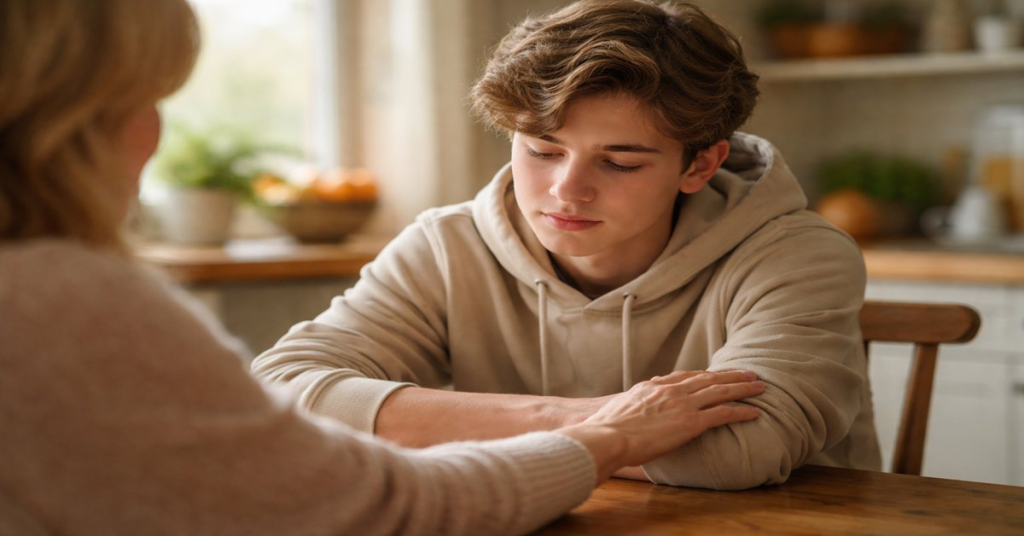 Подросток курит вейп (электронки): что делать родителям? 4 Мать успокаивает подростка за столом на кухне, жест поддержки и заботы, доверительная беседа.