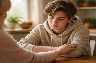 Подросток курит вейп (электронки): что делать родителям? 2 Мать успокаивает подростка за столом на кухне, жест поддержки и заботы, доверительная беседа.