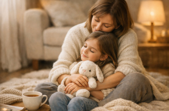 Мама нежно обнимает маленькую дочку со спины, сидя на полу в уютной гостиной. Ребенок держит мягкую игрушку, в кадре теплый свет и плед.