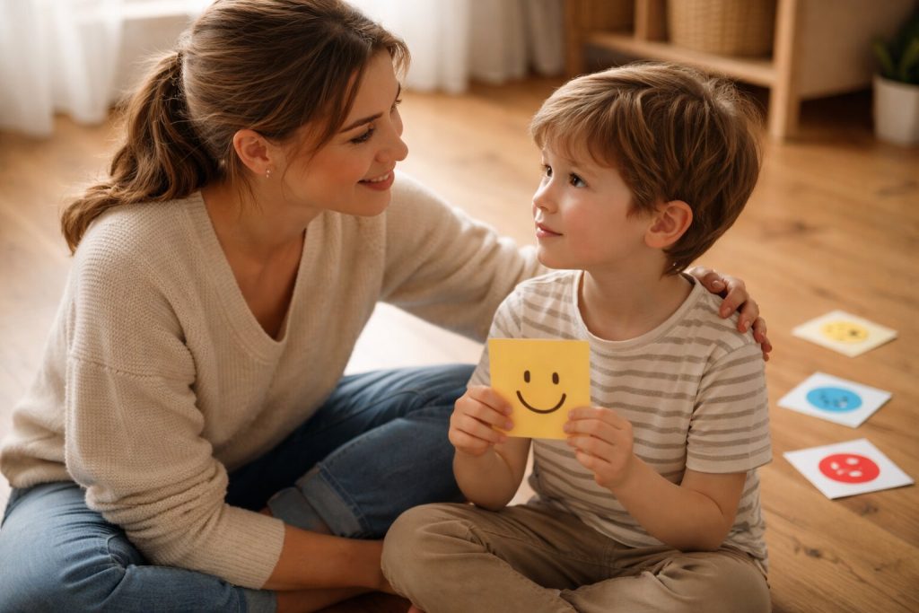 Эмоциональный интеллект с пеленок: как научить ребенка понимать чувства 4 Мама и ребенок играют в эмоции на полу: развитие эмпатии у ребенка с помощью карточек эмоций