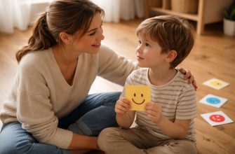 Эмоциональный интеллект с пеленок: как научить ребенка понимать чувства 6 Мама и ребенок играют в эмоции на полу: развитие эмпатии у ребенка с помощью карточек эмоций