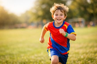 Спорт для детей с СДВГ: какой вид спорта выбрать гиперактивному ребенку 4 Гиперактивный ребенок радостно бежит по зеленому полю в яркой спортивной одежде. Спорт для детей с СДВГ помогает направить энергию в мирное русло.