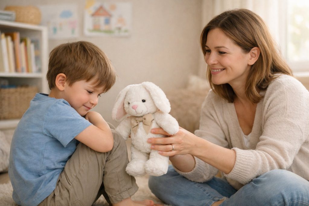 Ребенок стесняется: как помочь, но не сломать 4 Мама с мягкой игрушкой помогает стеснительному ребенку почувствовать безопасность дома